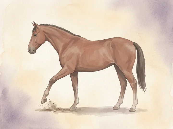 Grattage du sol: Le cheval gratte le sol avec un membre anterieur. Souvent de l'impatience ou de la frustration, parfois un signe de douleur abdominale.