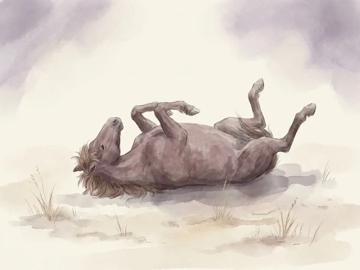 Se rouler: Le cheval se couche et se roule sur le dos. Generalement un comportement de confort normal, mais un roulement violent et repete peut etre une colique.