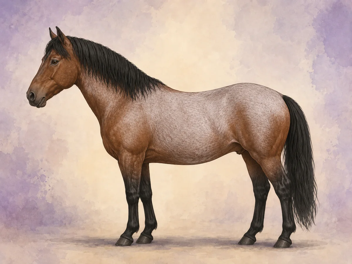 Bay roan: Roan pa brun bund: en rodgra krop med sorte points.