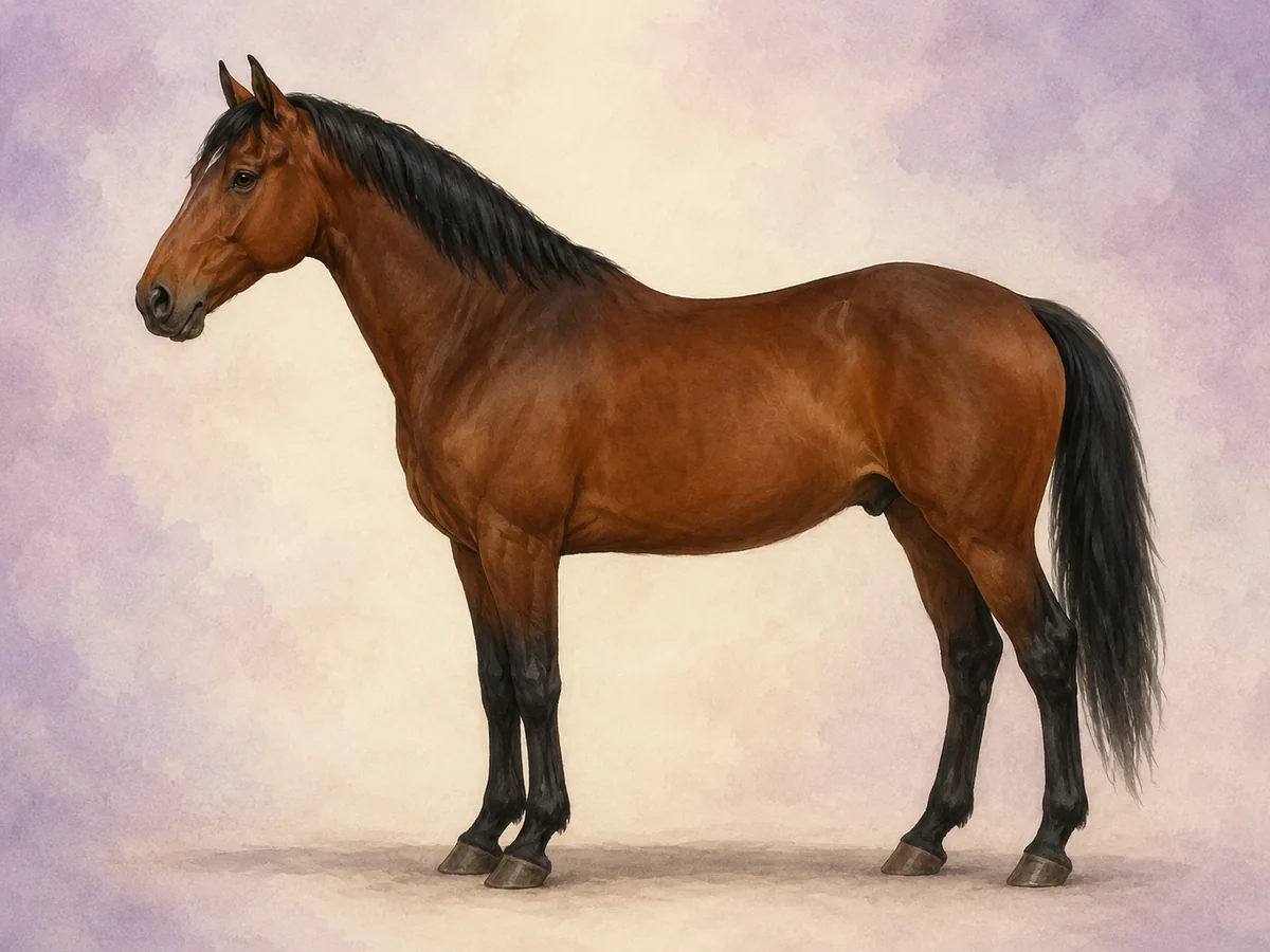 Brun: En brun hest har en brun krop med sort man, hale og nedre ben.