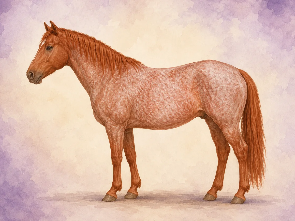 Strawberry roan: Roan pa fuks-bund: en rosa-rod, jordbaeragtig krop.