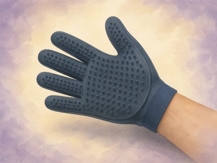 Putzhandschuh: Ein Putzhandschuh ist ein Handschuh aus Gummi oder Lammfell fuer das trockene Putzen und fuer empfindliche Pferde.