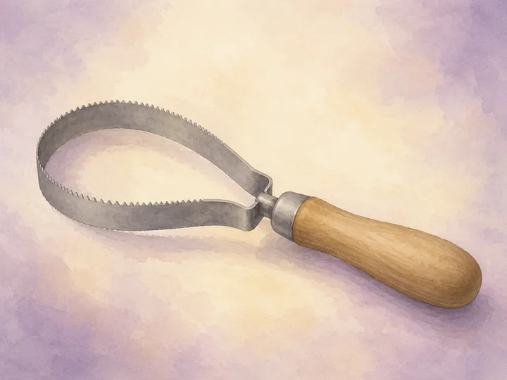 Fellwechselmesser: Ein Fellwechselmesser ist eine Schlaufe oder ein Band mit kleinen Zaehnen, um loses Winterfell waehrend des Fellwechsels zu entfernen.