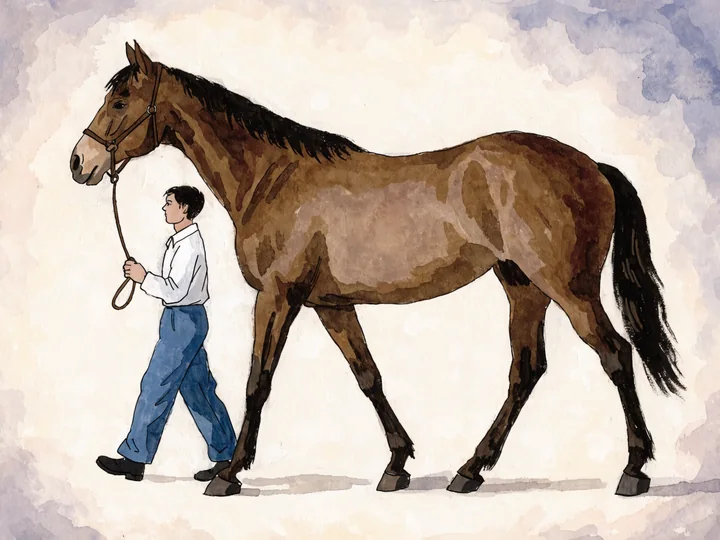 Trakke en hest: Ga ved siden af skulderen med lidt slaek, og vikl aldrig tovet rundt om handen.