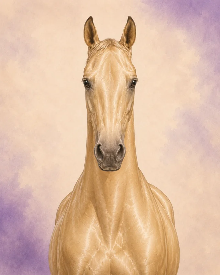 Portrait de face du Akhal-Teke, montrant la tête et l'encolure caractéristiques de la race.