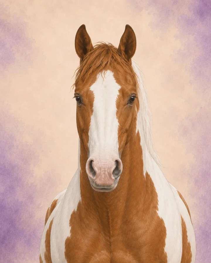Portrait de face du Paint Horse américain, montrant la tête et l'encolure caractéristiques de la race.