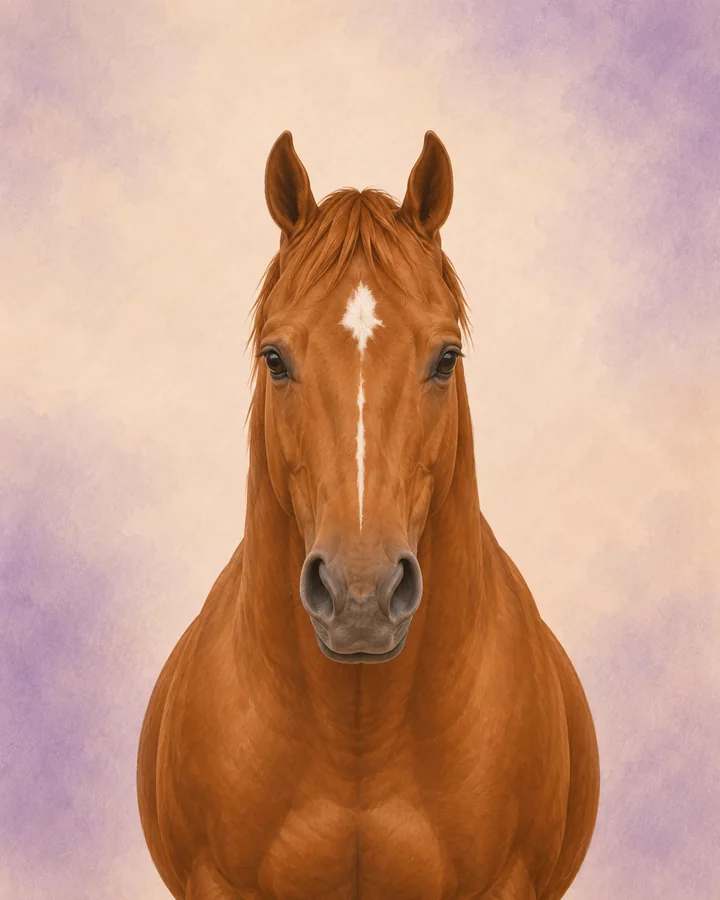 Portret van de American Quarter Horse van voren, met de kenmerkende hoofd- en halsvorm van het ras.
