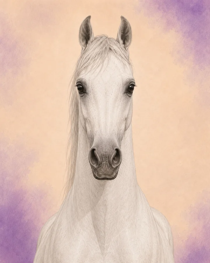 Portrait de face du Arabe, montrant la tête et l'encolure caractéristiques de la race.