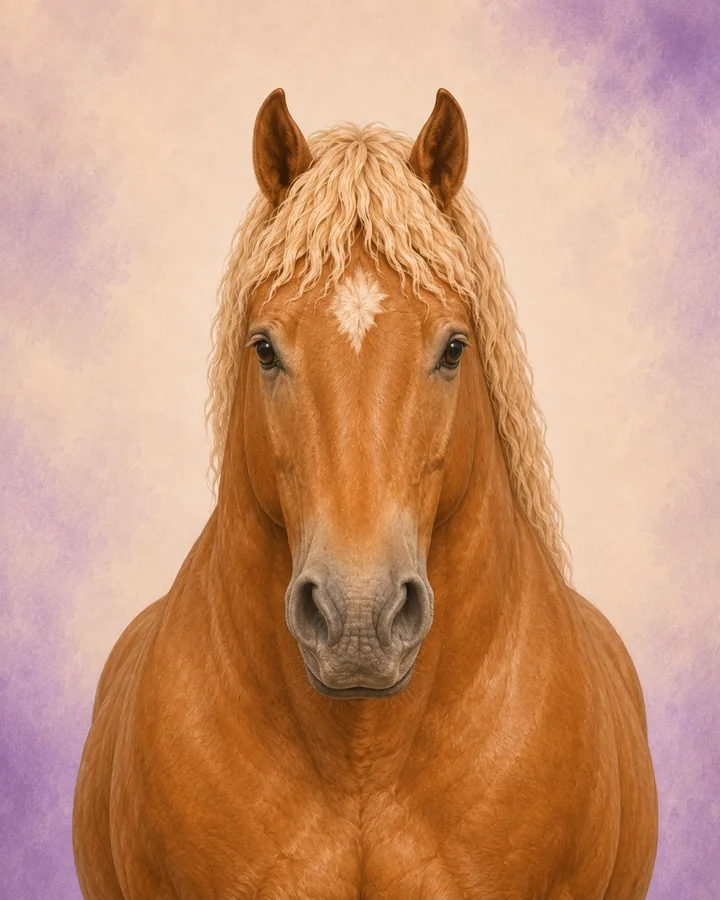 Portret van de Belgisch trekpaard van voren, met de kenmerkende hoofd- en halsvorm van het ras.