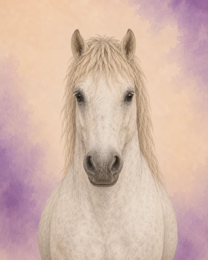 Portrait de face du Cheval de Camargue, montrant la tête et l'encolure caractéristiques de la race.