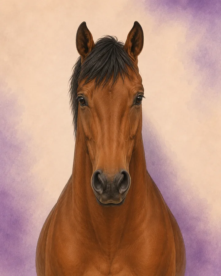 Portret van de Cleveland Bay van voren, met de kenmerkende hoofd- en halsvorm van het ras.
