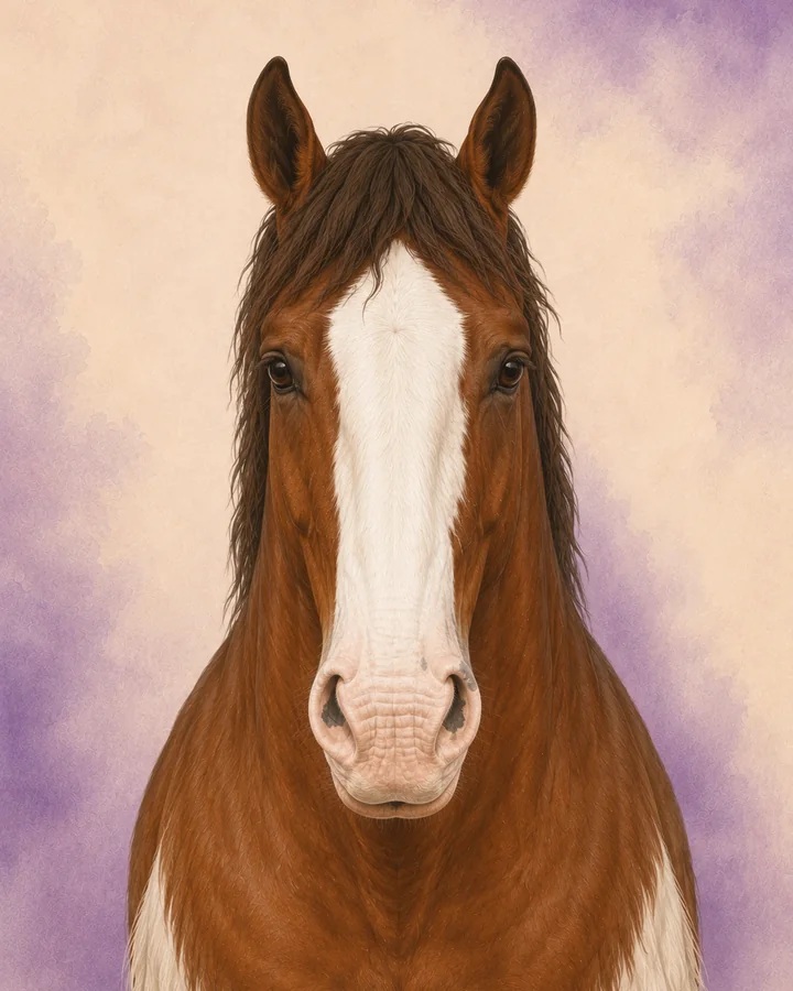 Portrait de face du Clydesdale, montrant la tête et l'encolure caractéristiques de la race.