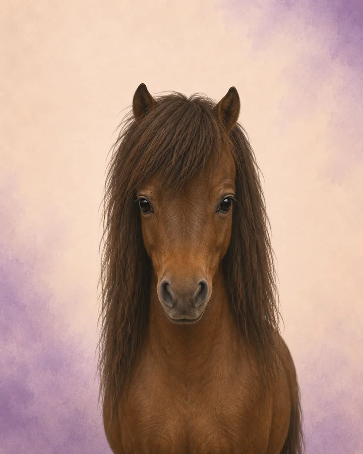 Portret van de Falabella van voren, met de kenmerkende hoofd- en halsvorm van het ras.