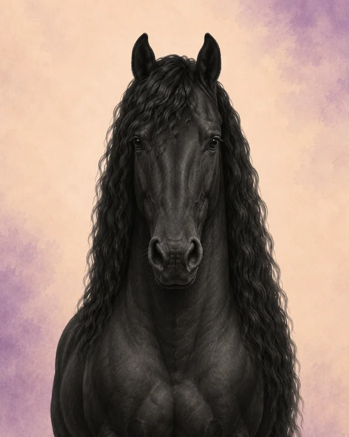Portrait de face du Frison, montrant la tête et l'encolure caractéristiques de la race.