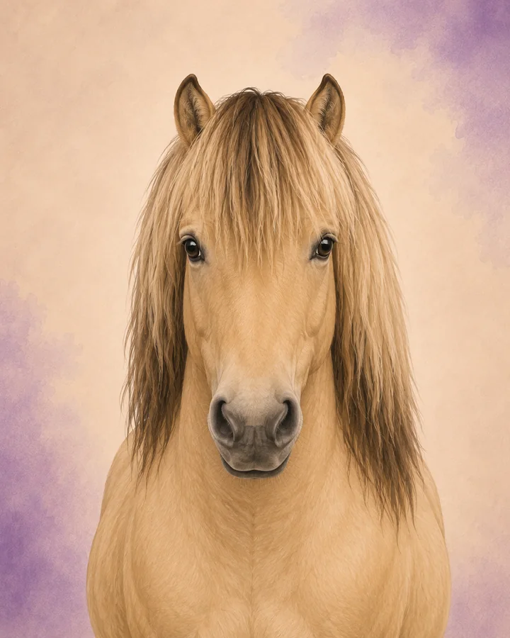 Portrait de face du Poney Highland, montrant la tête et l'encolure caractéristiques de la race.