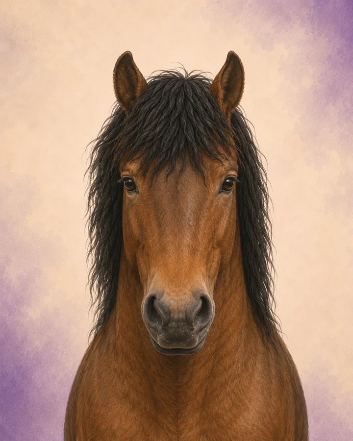 Portret van de Kaimanawa van voren, met de kenmerkende hoofd- en halsvorm van het ras.