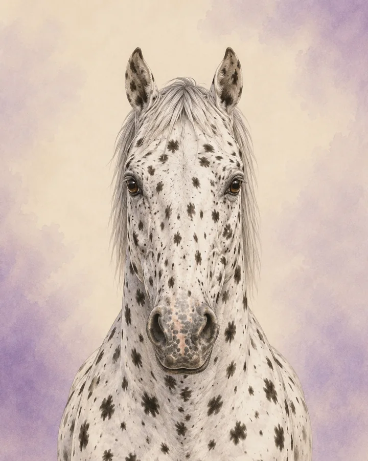 Front-facing portrait of the Knabstrupper, showing the breed's characteristic head and neck.