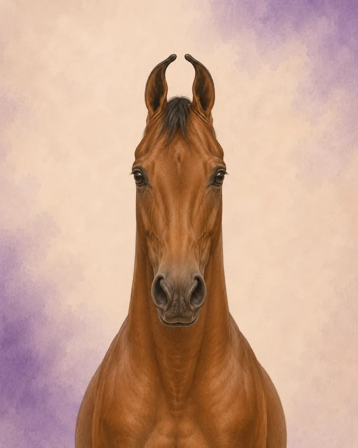 Portret van de Marwari van voren, met de kenmerkende hoofd- en halsvorm van het ras.