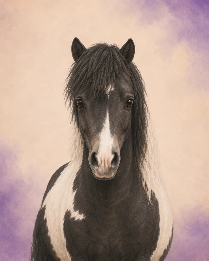 Portrait de face du Cheval miniature, montrant la tête et l'encolure caractéristiques de la race.