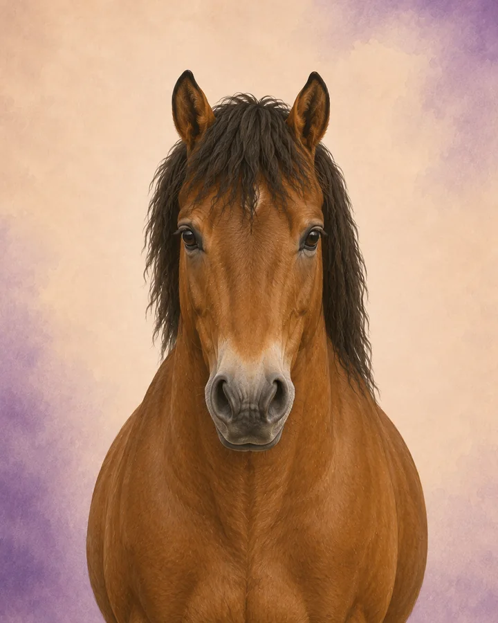 Portret van de New Forest van voren, met de kenmerkende hoofd- en halsvorm van het ras.