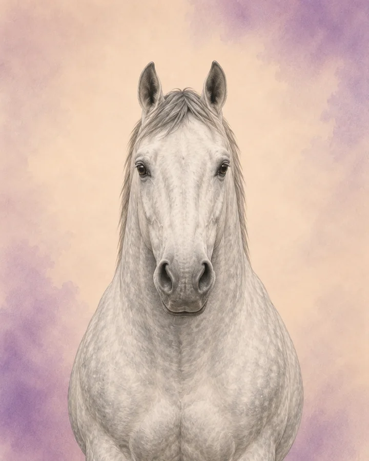 Portret van de Percheron van voren, met de kenmerkende hoofd- en halsvorm van het ras.
