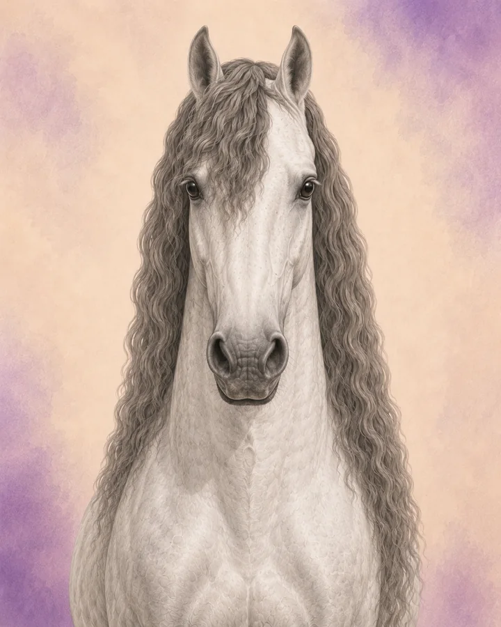 Portret van de PRE (Andalusiër) van voren, met de kenmerkende hoofd- en halsvorm van het ras.