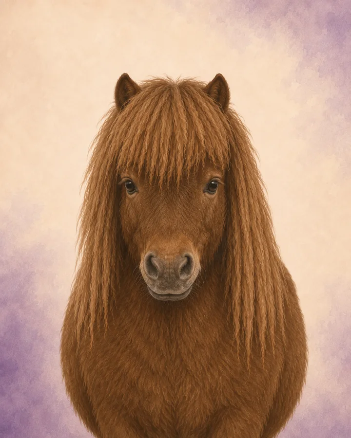 Portrait de face du Poney Shetland, montrant la tête et l'encolure caractéristiques de la race.
