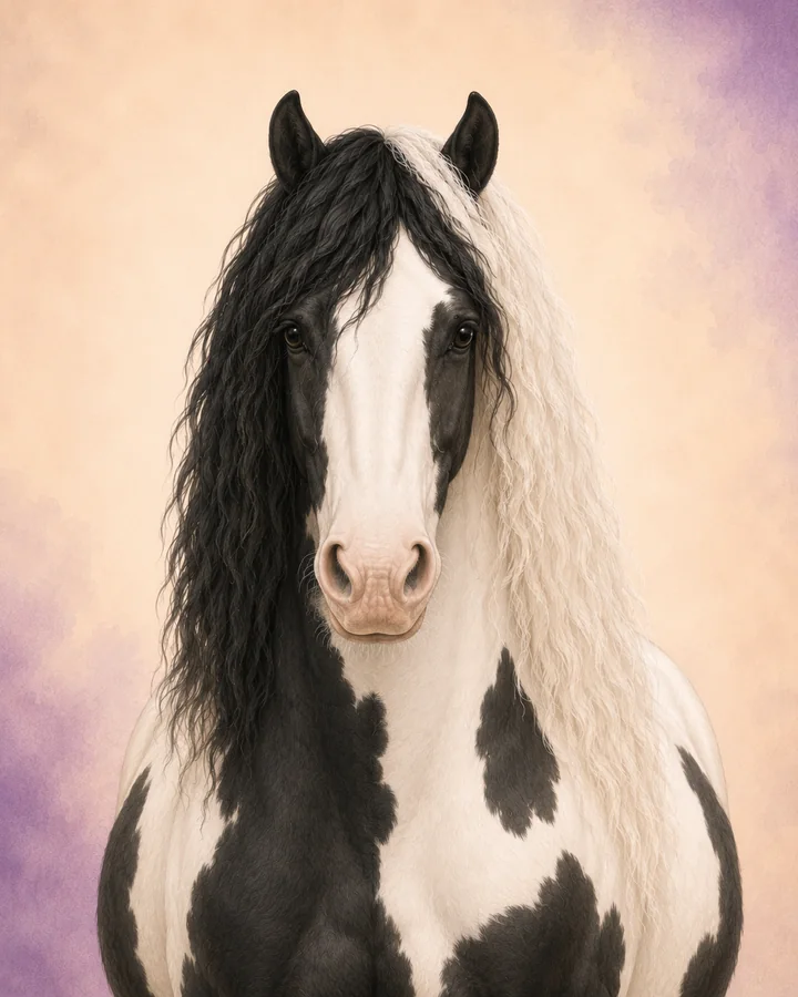 Portret van de Tinker (Irish Cob) van voren, met de kenmerkende hoofd- en halsvorm van het ras.