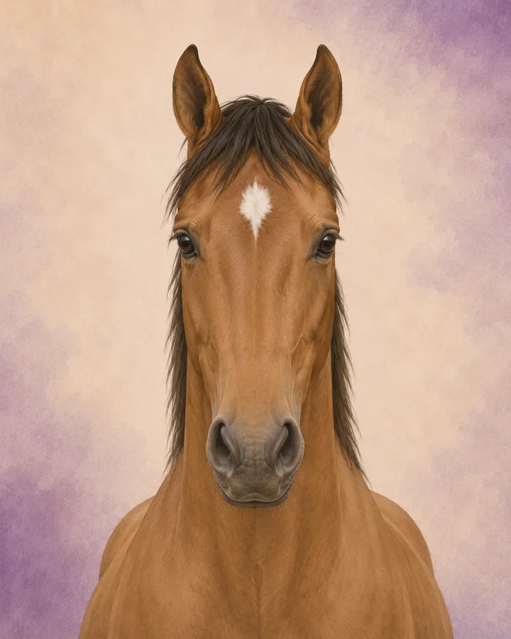 Portret van de Trakehner van voren, met de kenmerkende hoofd- en halsvorm van het ras.