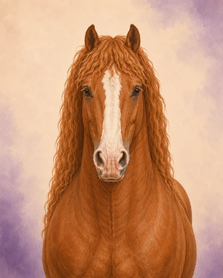 Portret van de Welsh Cob van voren, met de kenmerkende hoofd- en halsvorm van het ras.