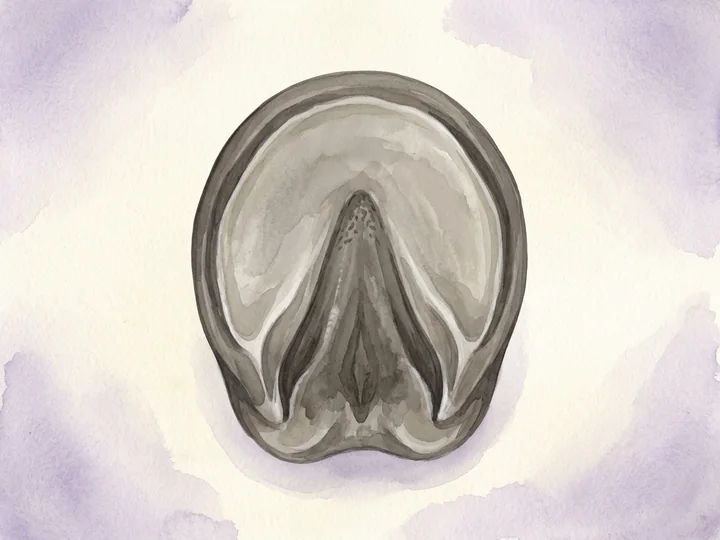 Stralen: Den V-formede, gummiagtige kile pa hovens underside, der damper stod og giver greb.