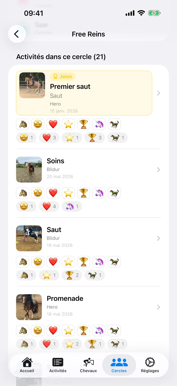 Cercle HorseJournal avec activités partagées et réactions emoji entre amies.