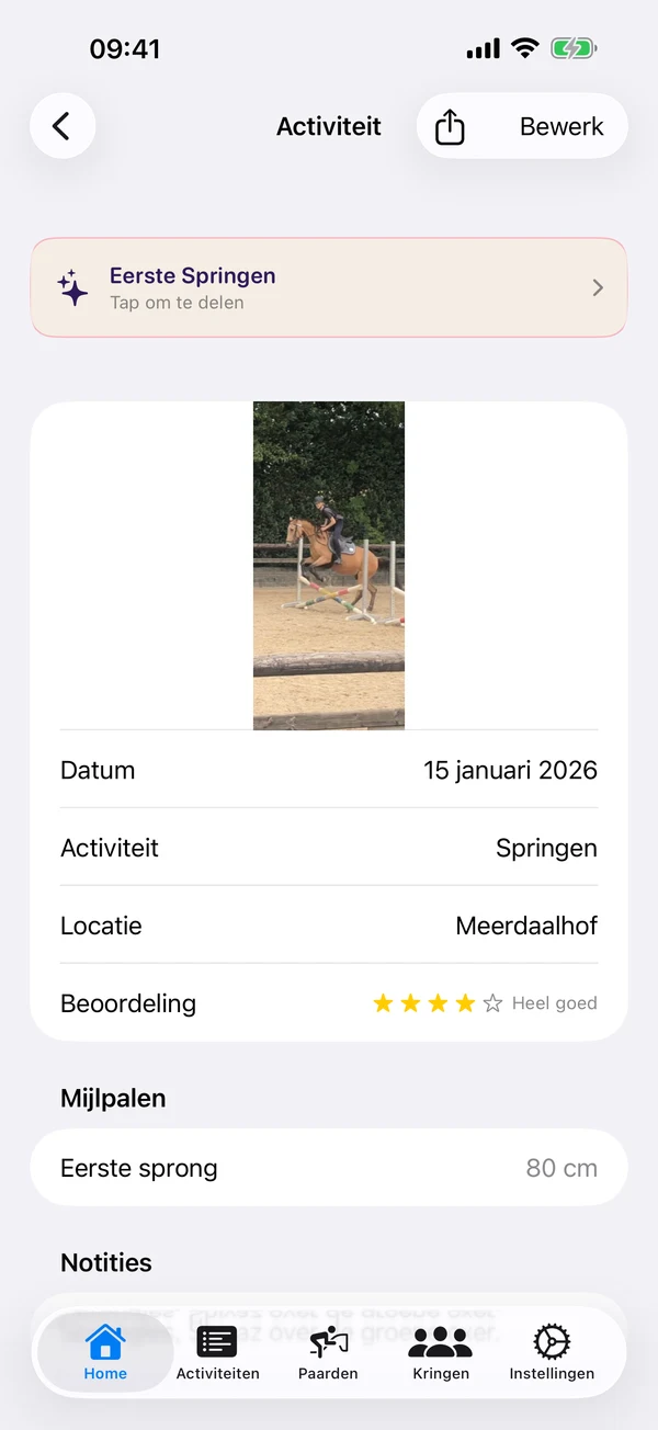 HorseJournal activiteit met een 'Eerste sprong' mijlpaal op 80cm.