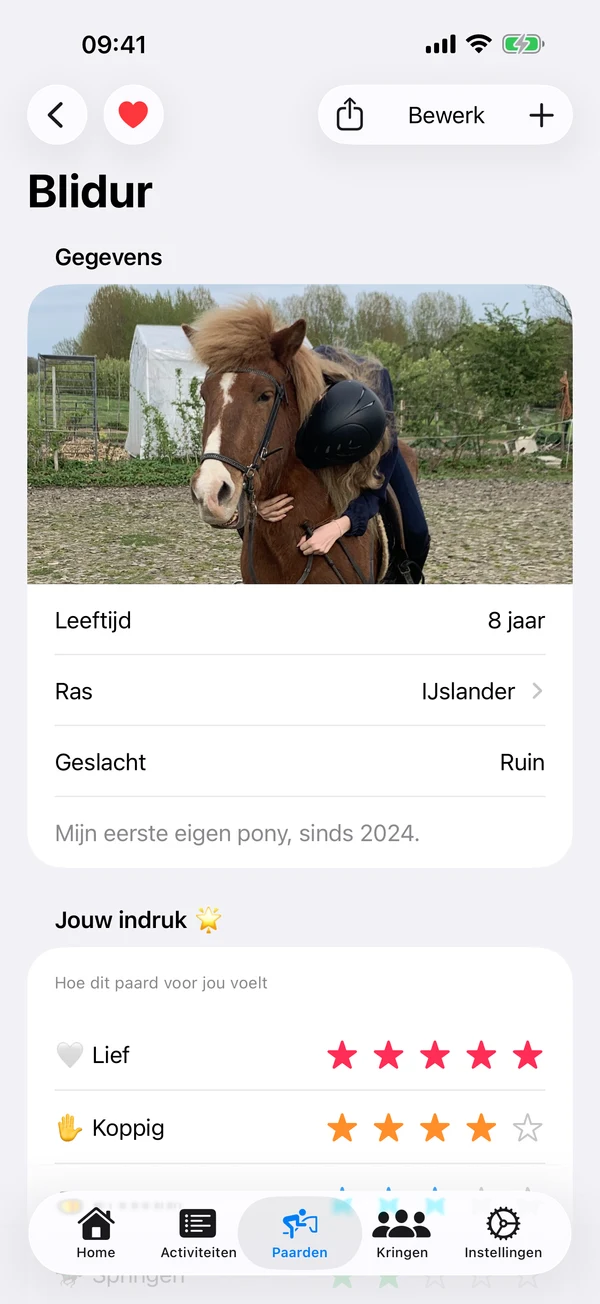 HorseJournal paardprofiel — elk paard krijgt z'n eigen pagina met details en jouw indrukken.